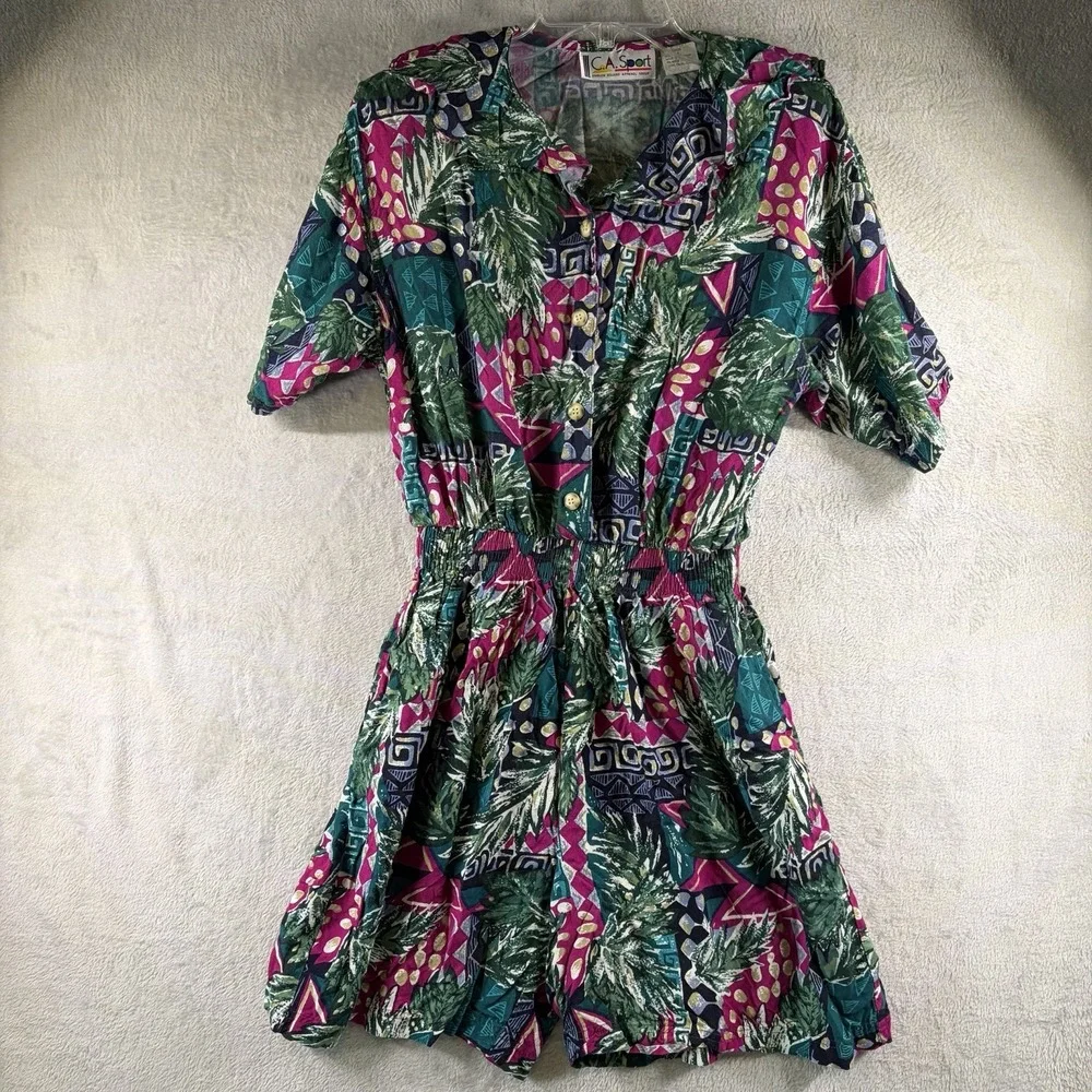Vintage 90s CA Sport Tropical Romper Sz M Rayon Button Front Elastic Waist